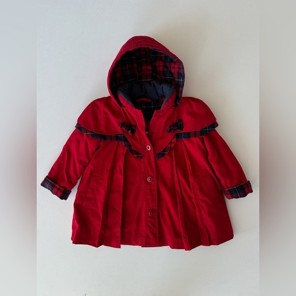 London Fog -Vintage Pleated Coat -Red with Plaid Details -Detachable Hood-Size2 - Picture 12 of 13